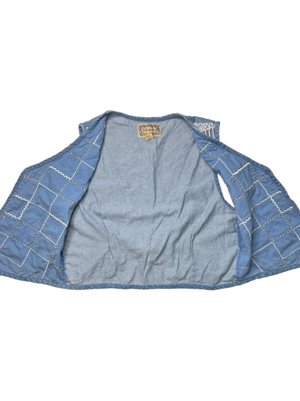 Vintage Tonal Blues Patchwork Denim Vest Quilted Western Boho Sz L - Picture 4 of 8